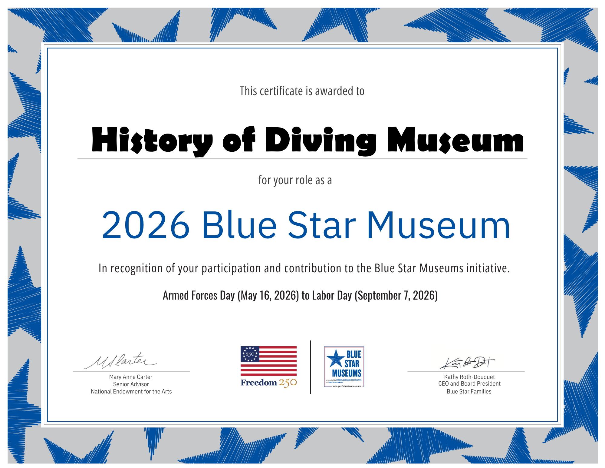 Blue Star Museum Certificate 2026